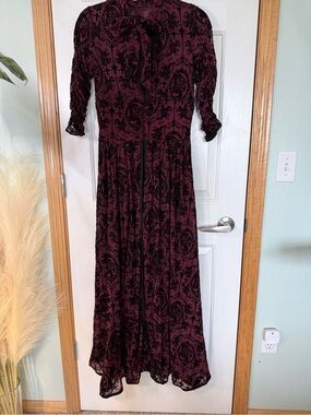 Unique Vintage Burgundy and Black Baroque Tie-Neck Maxi Dress